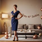 Kobieta świętująca 40. urodziny w eleganckiej sukience w nowoczesnym salonie z dekoracjami urodzinowymi
