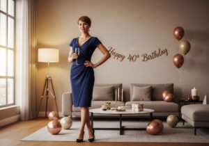 Kobieta świętująca 40. urodziny w eleganckiej sukience w nowoczesnym salonie z dekoracjami urodzinowymi