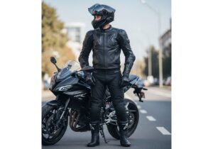 Motocyklista w pełnym ubiorze ochronnym stoi obok sportowego motocykla na miejskiej ulicy w słoneczny dzień