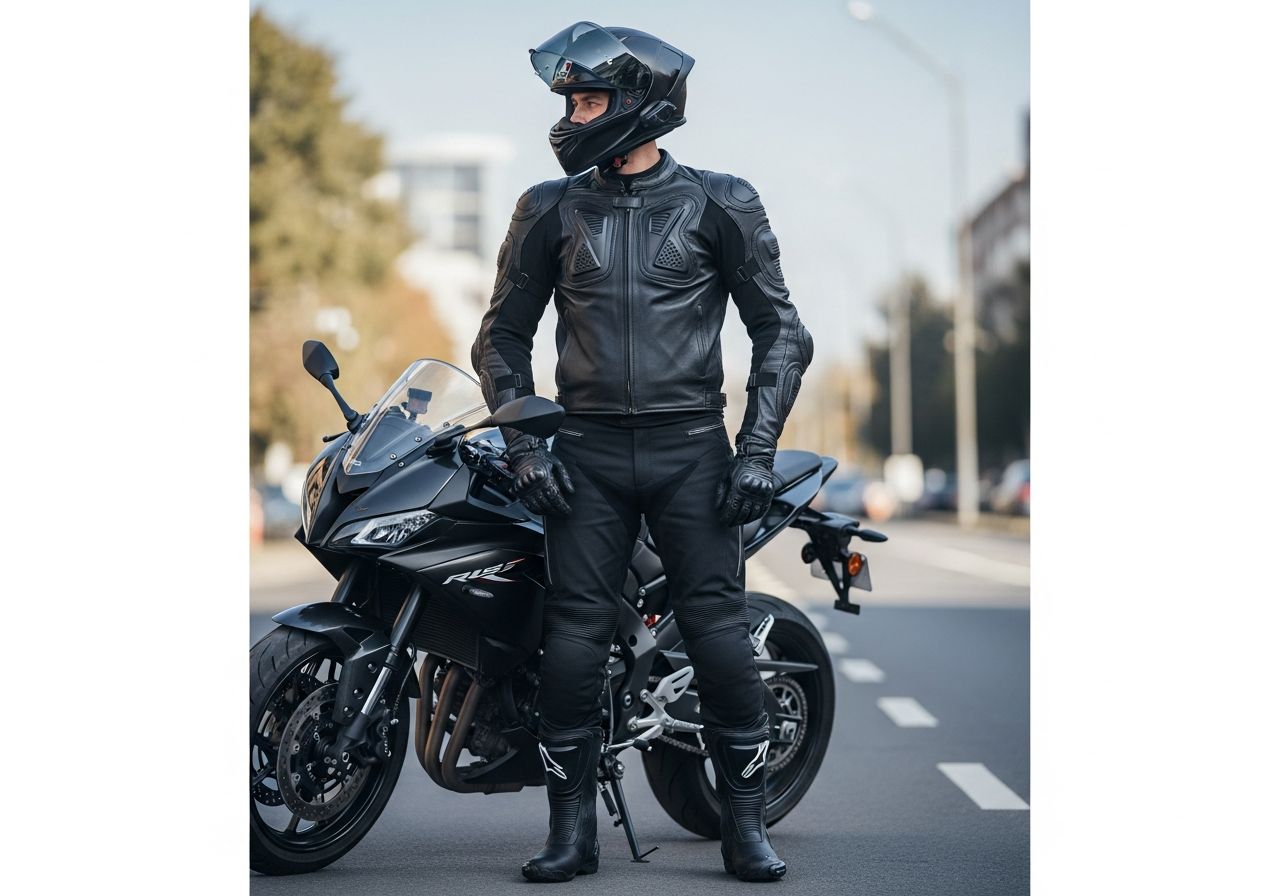 Motocyklista w pełnym ubiorze ochronnym stoi obok sportowego motocykla na miejskiej ulicy w słoneczny dzień