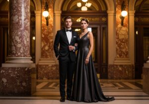 Elegancka para przed wejściem do opery, mężczyzna w smokingu, kobieta w długiej wieczorowej sukni.