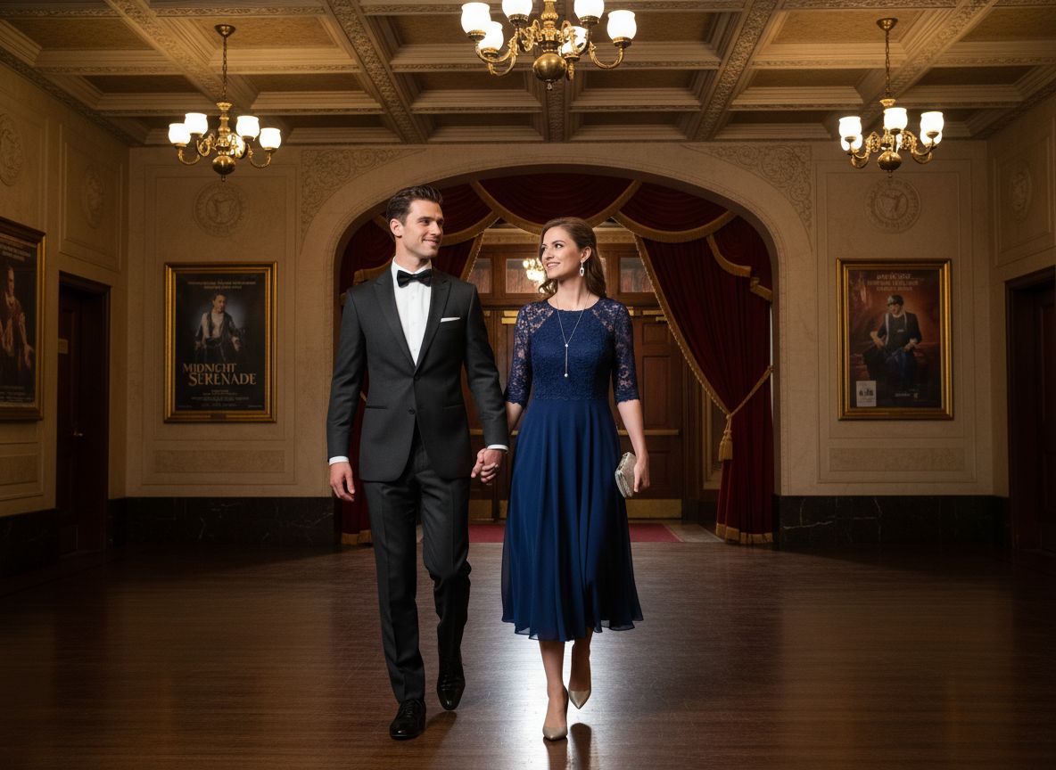 Para w eleganckich strojach wchodzi do klasycznego lobby teatru z czerwonymi zasłonami i drewnianą podłogą