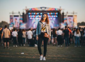 Młoda kobieta na koncercie na zewnątrz w dżinsowej kurtce i białym t-shircie, z torebką i okularami na głowie