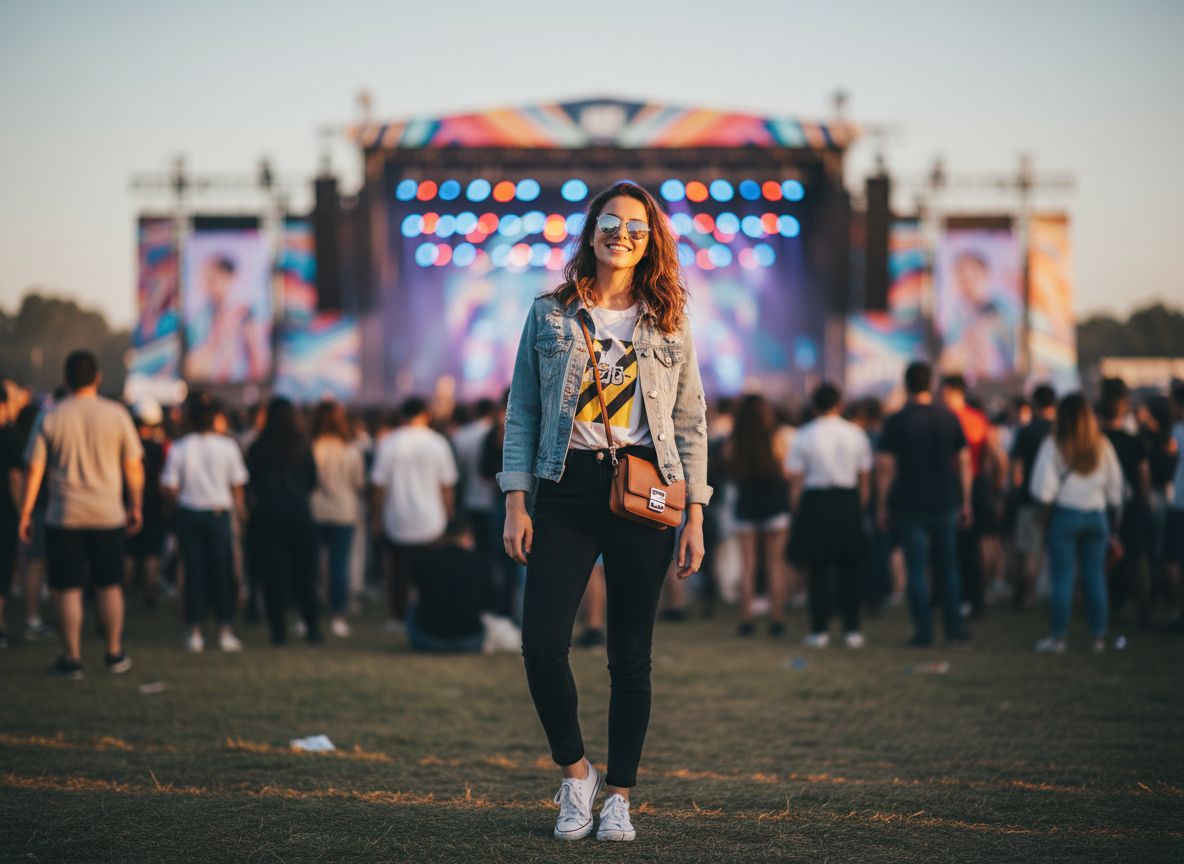 Młoda kobieta na koncercie na zewnątrz w dżinsowej kurtce i białym t-shircie, z torebką i okularami na głowie