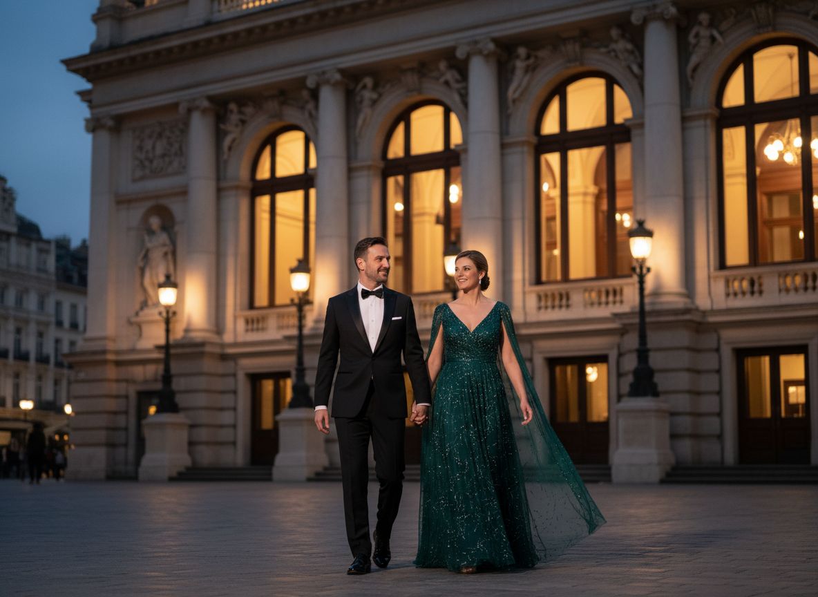 Para w eleganckim stroju idzie za rękę do wejścia do historycznego opery o zmierzchu