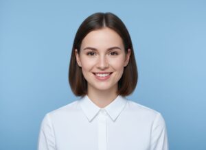 Młoda kobieta w białej koszuli na jasnym tle, patrząca prosto w obiektyw, portret paszportowy.