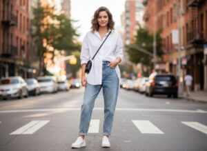 Młoda kobieta w jasnych jeansach i białej koszuli stoi pewnie na miejskiej ulicy w sportowym stylu.
