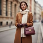 Kobieta w karmelowym płaszczu i kremowym szaliku z bordową torebką na miejskiej ulicy.