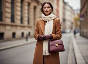 Kobieta w karmelowym płaszczu i kremowym szaliku z bordową torebką na miejskiej ulicy.